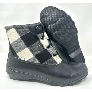Sperry Saltwater Duck Boots White Black Plaid Wool Size 10